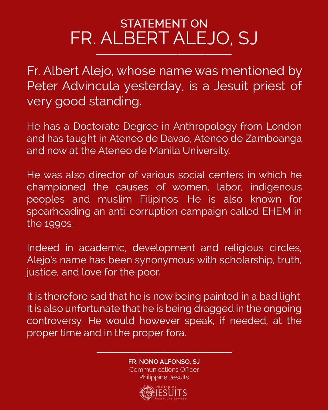 Statement on Fr. Albert Alejo, SJ